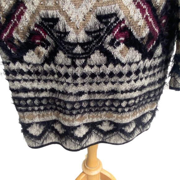 NWOT BCBGMaxazria Fuzzy Eyelash Tribal Cardigan Sz M Burgundy Black Duster Gems - Picture 12 of 15